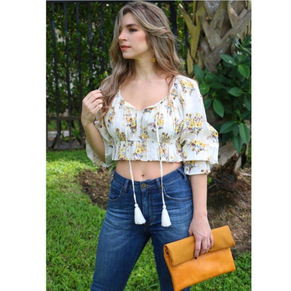 HappyxNature Kate Hudson Floral Pop Crop Cotton Ruffle Blouse Top XS